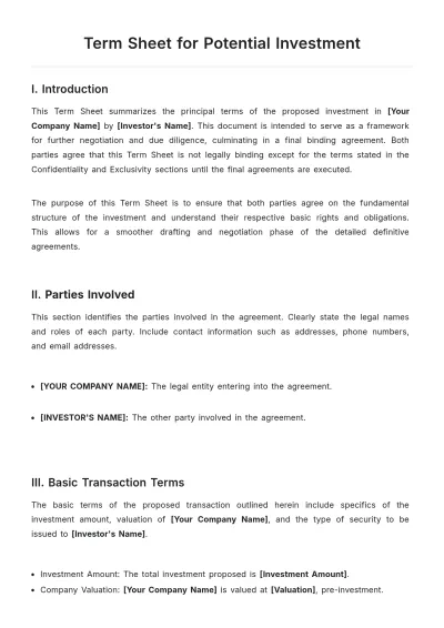 Free Term Sheet for Potential Investment Template to Edit Online