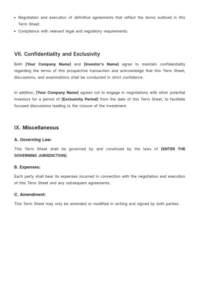Free Term Sheet for Potential Investment Template to Edit Online