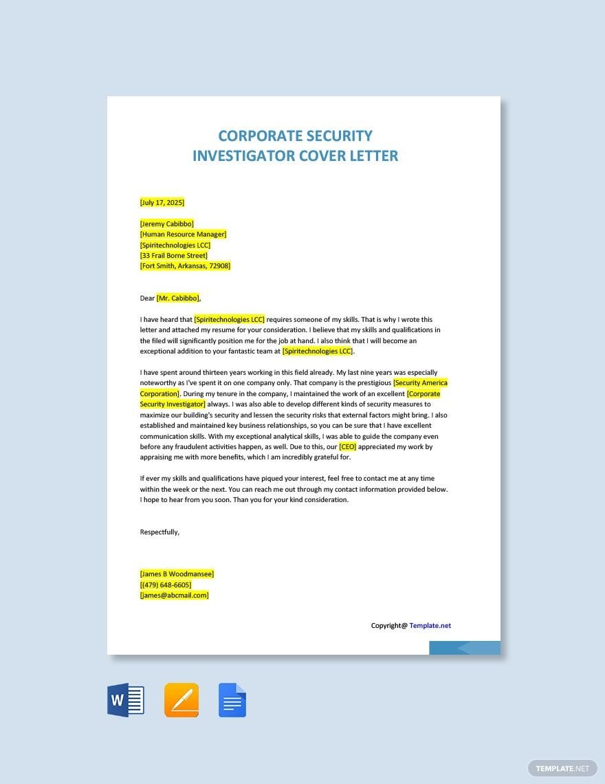 Corporate Security Investigator Cover Letter Template