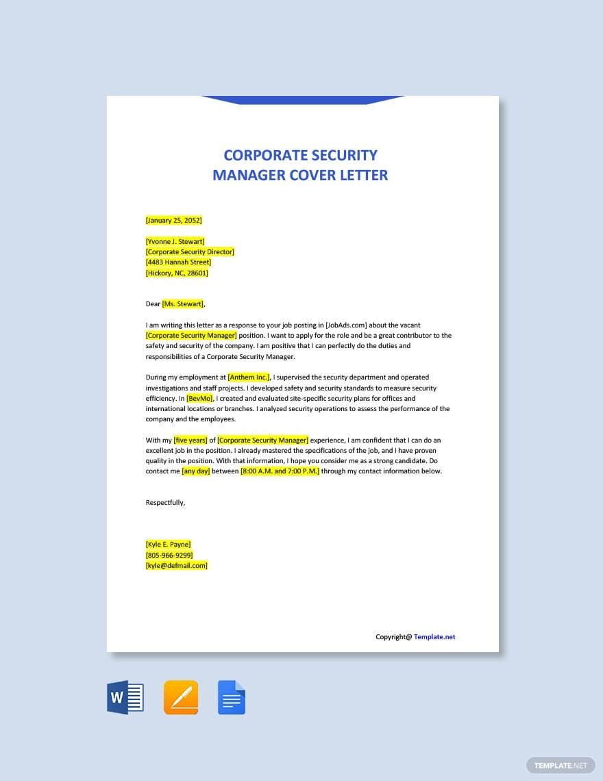 Corporate Security Manager Cover Letter Template