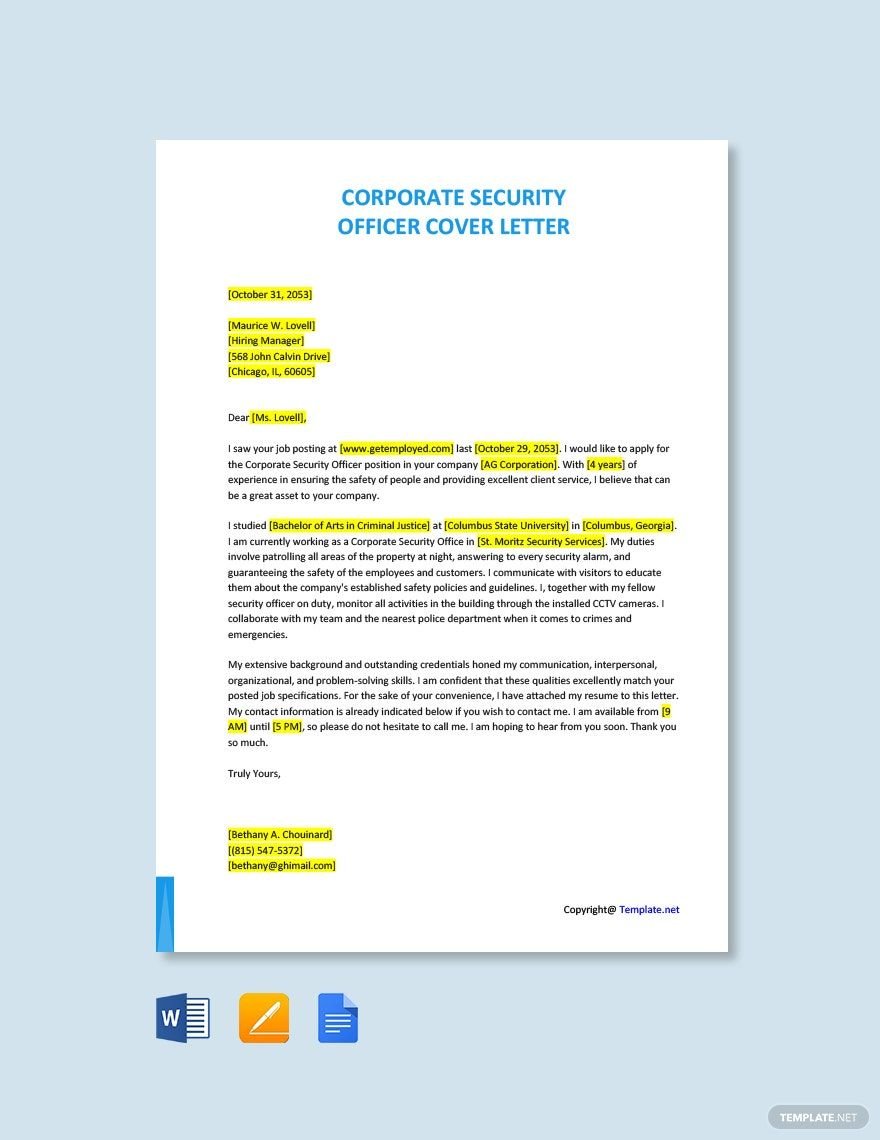 Corporate Security Officer Cover Letter Template
