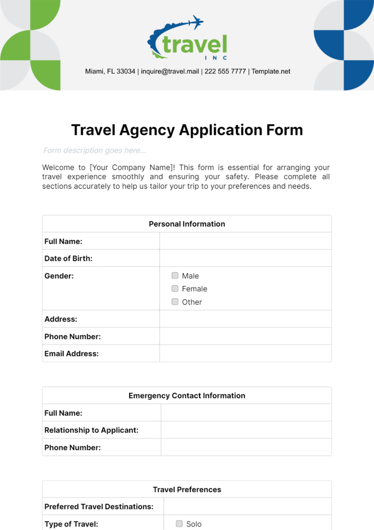 Free Travel Agency Application Form Template