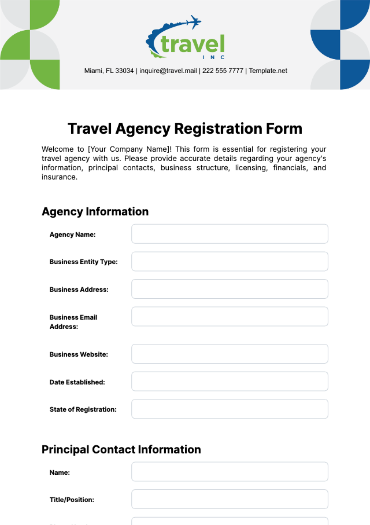 Travel Agency Registration Form Template