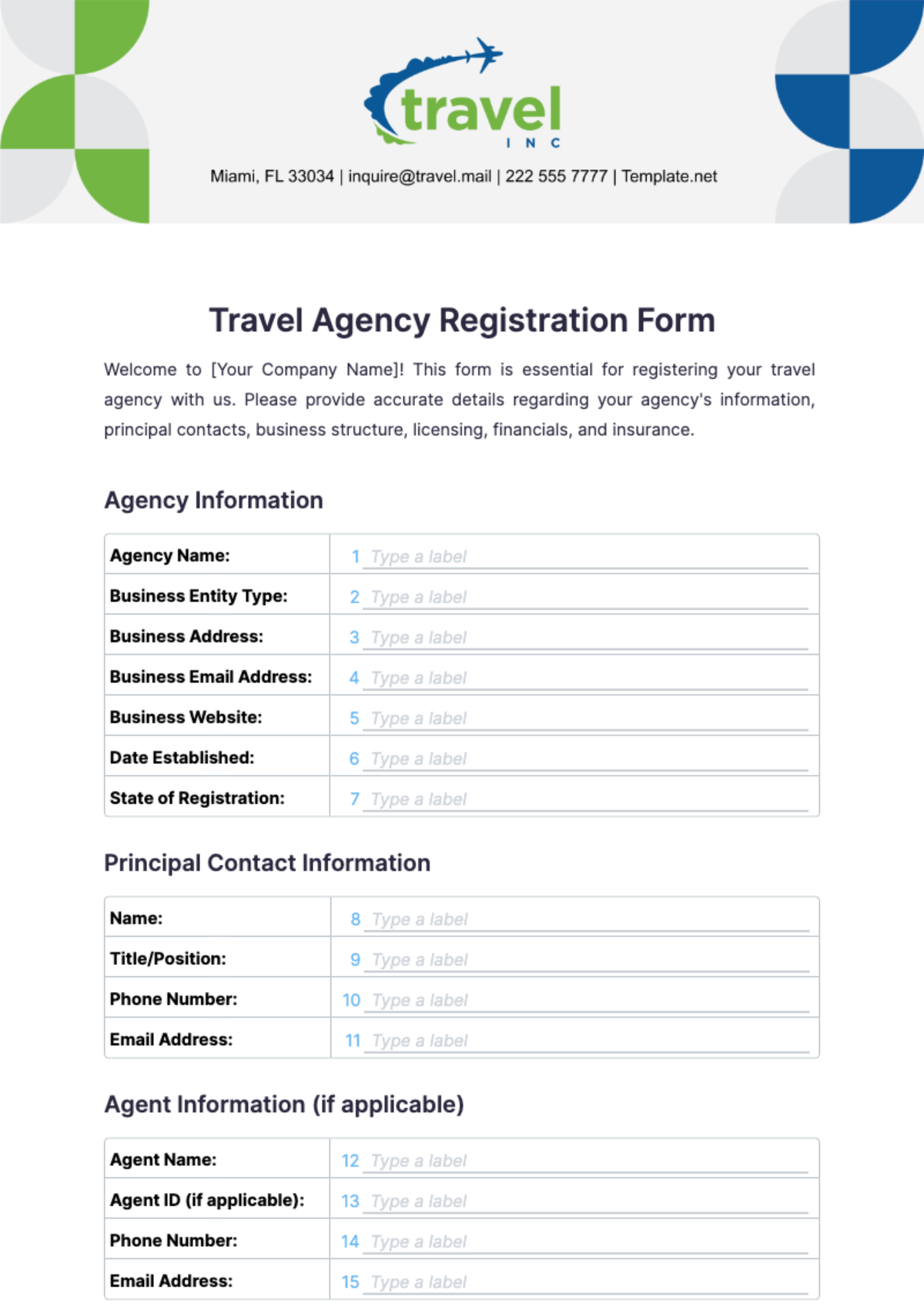 Travel Agency Registration Form Template - Edit Online & Download