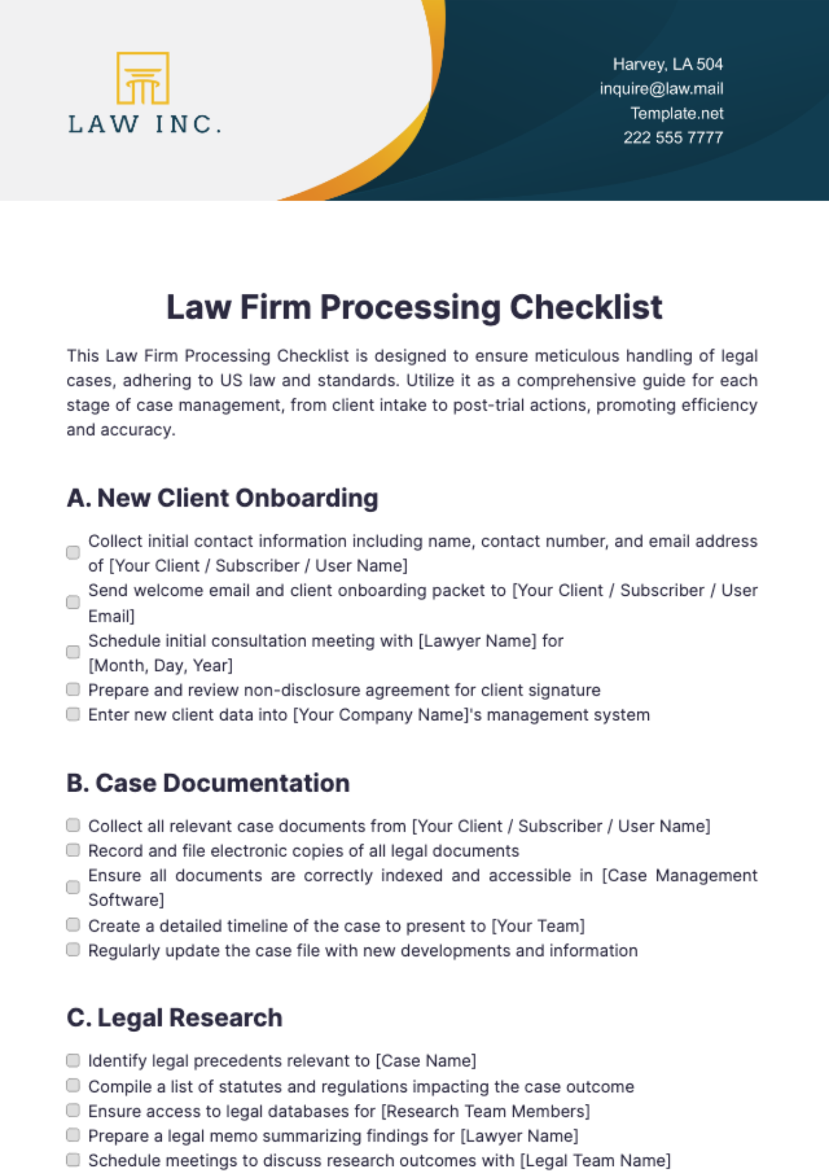 Law Firm Processing Checklist Template - Edit Online & Download