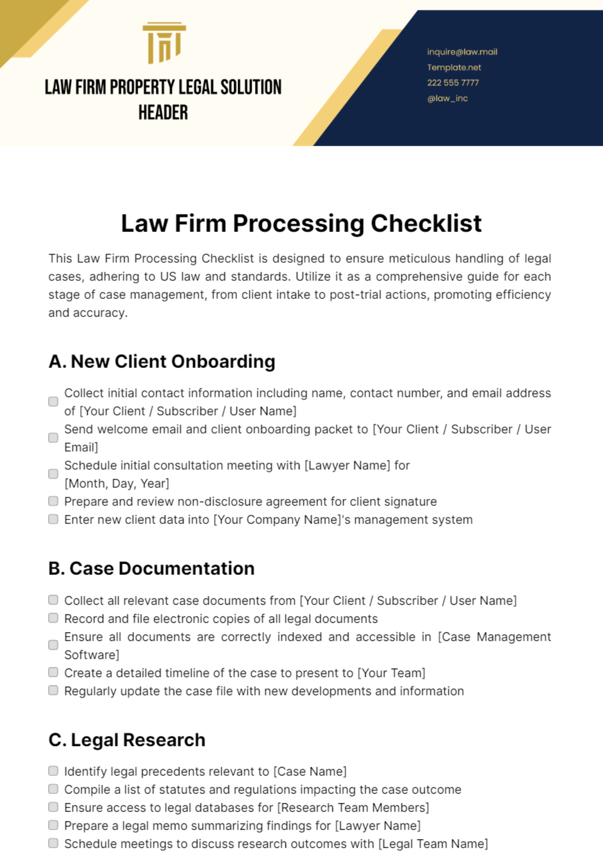 Law Firm Processing Checklist Template