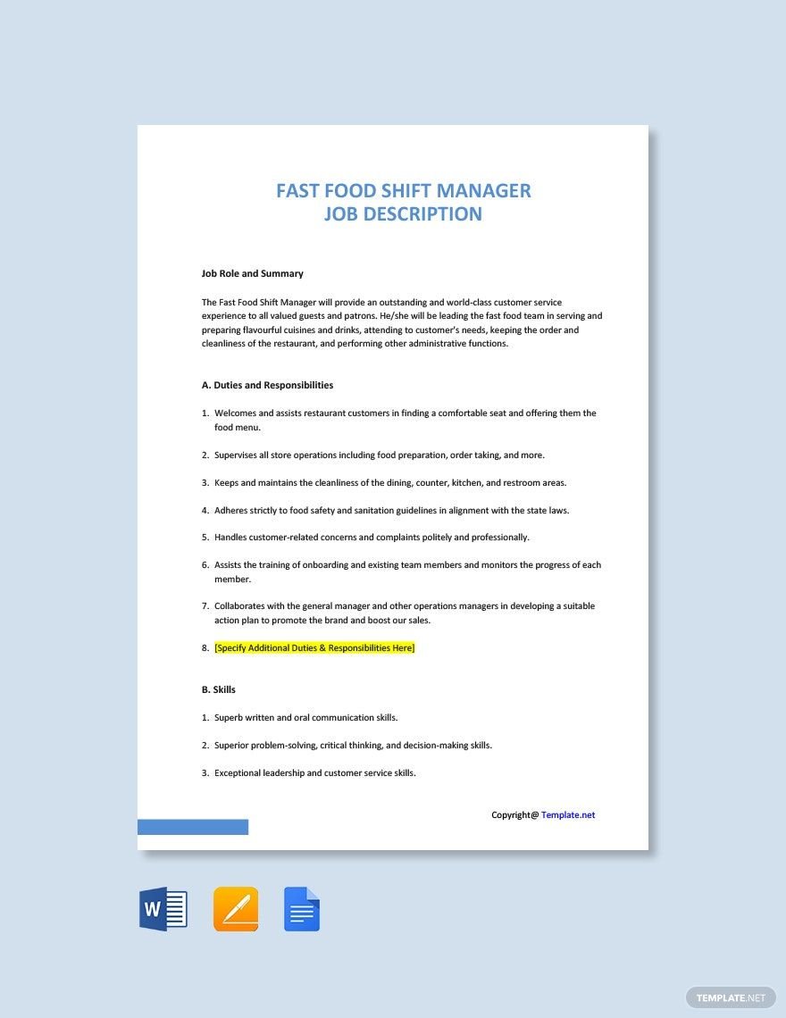 Fast Food Shift Manager Job Description Template