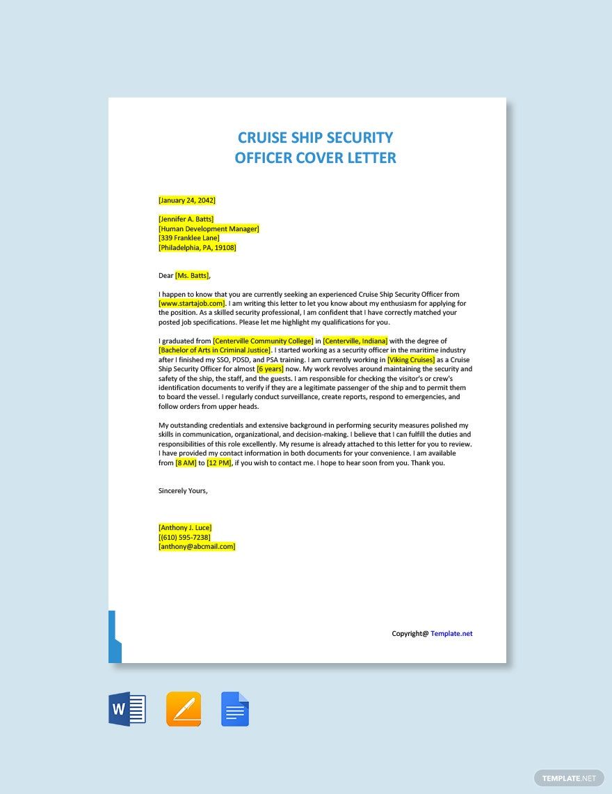 Cruise Ship Security Officer Cover Letter in Word, Google Docs, Apple Pages