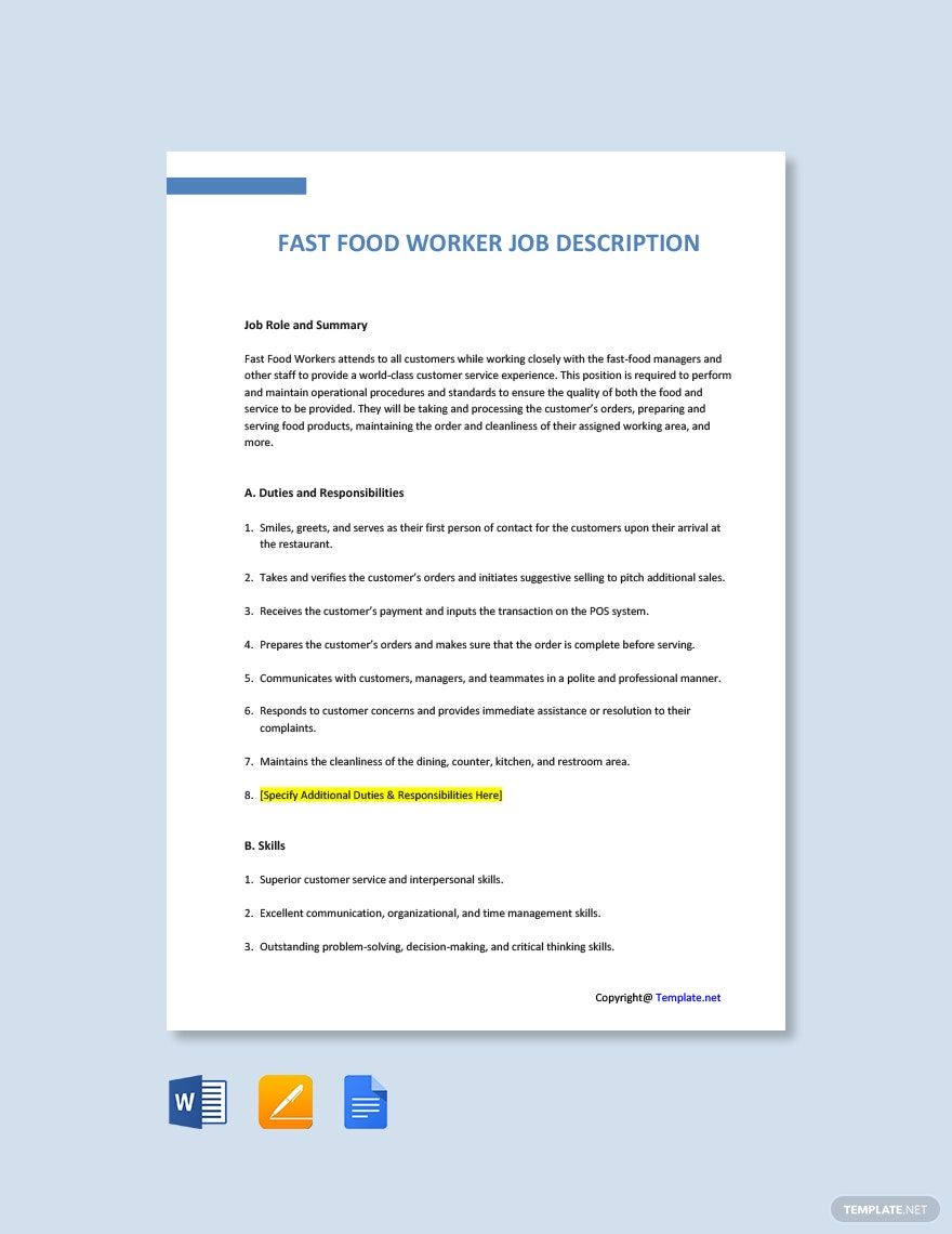 Fast Food Worker Job Ad and Description Template