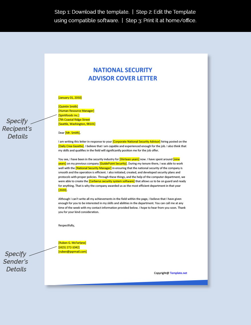 National Security Advisor Cover Letter
