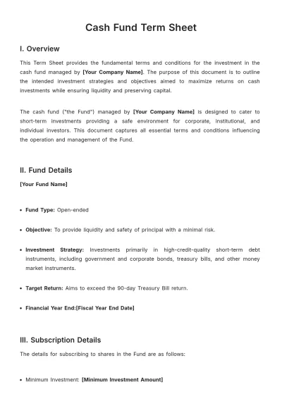 Free Cash Fund Term Sheet Template to Edit Online