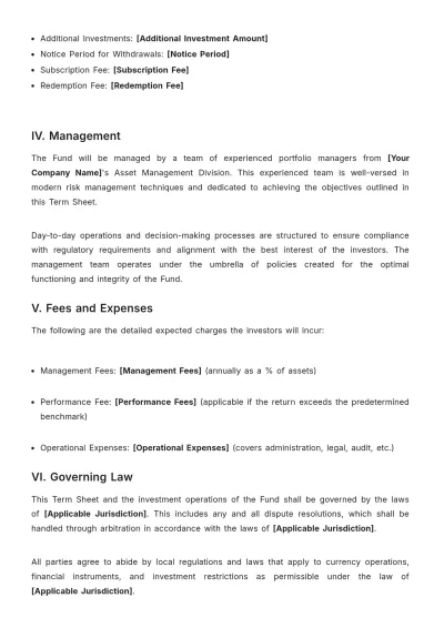 Free Cash Fund Term Sheet Template to Edit Online