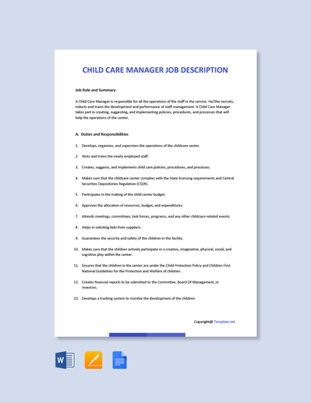 FREE Child Care Manager Job Description Word Google Docs Apple MAC Pages Template