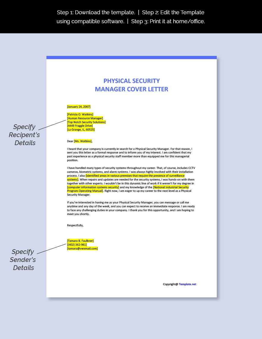 Physical Security Manager Cover Letter Template