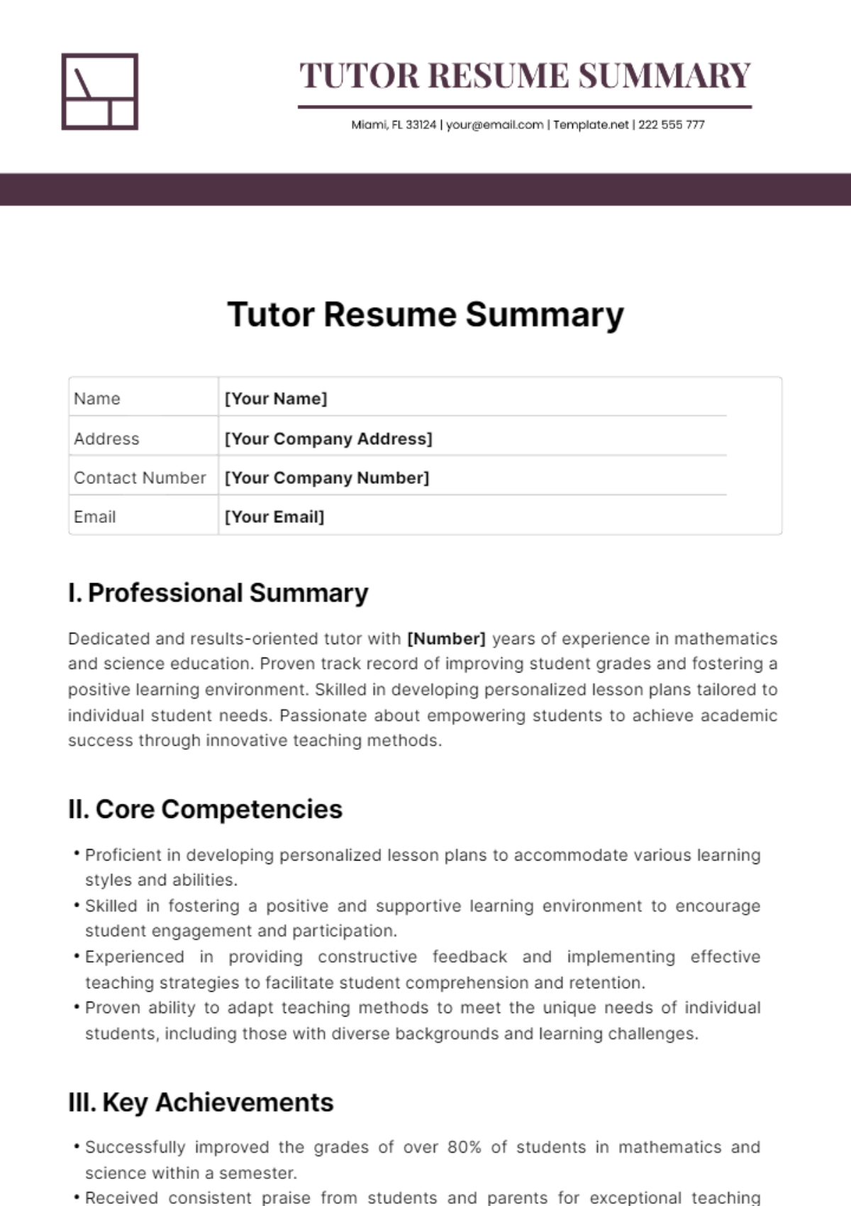 Free Tutor Resume Summary Template