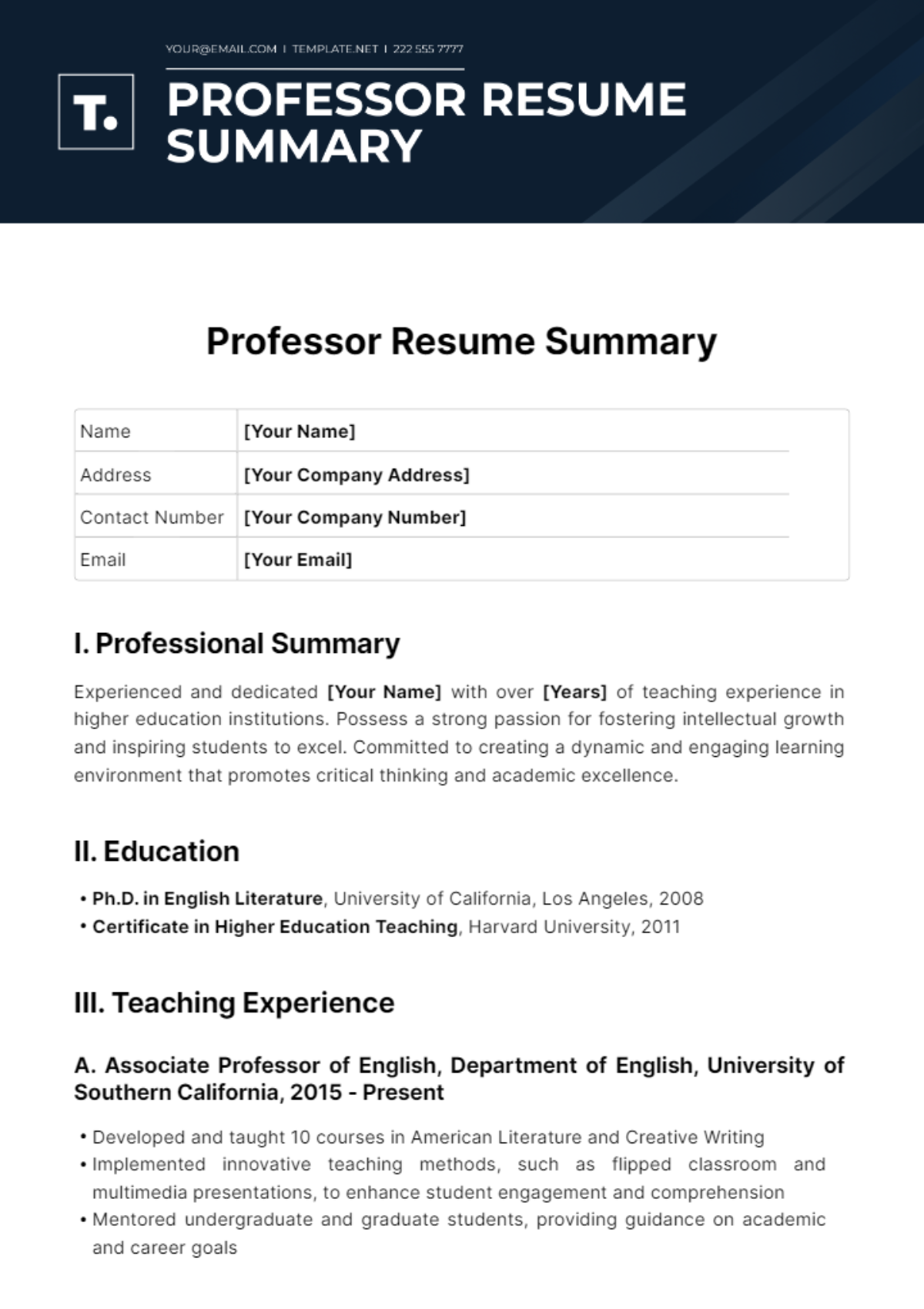 Professor Resume Summary Template