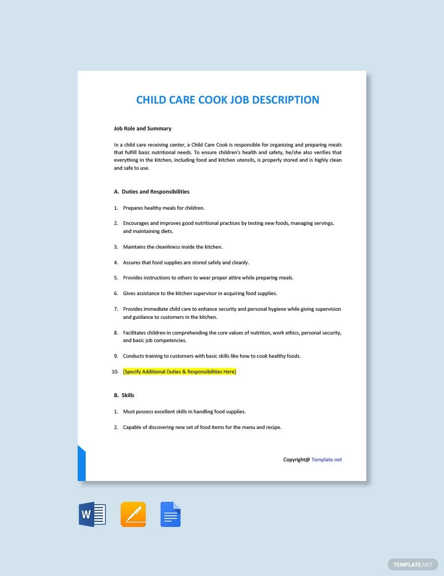 Free Child Care Cook Job Description