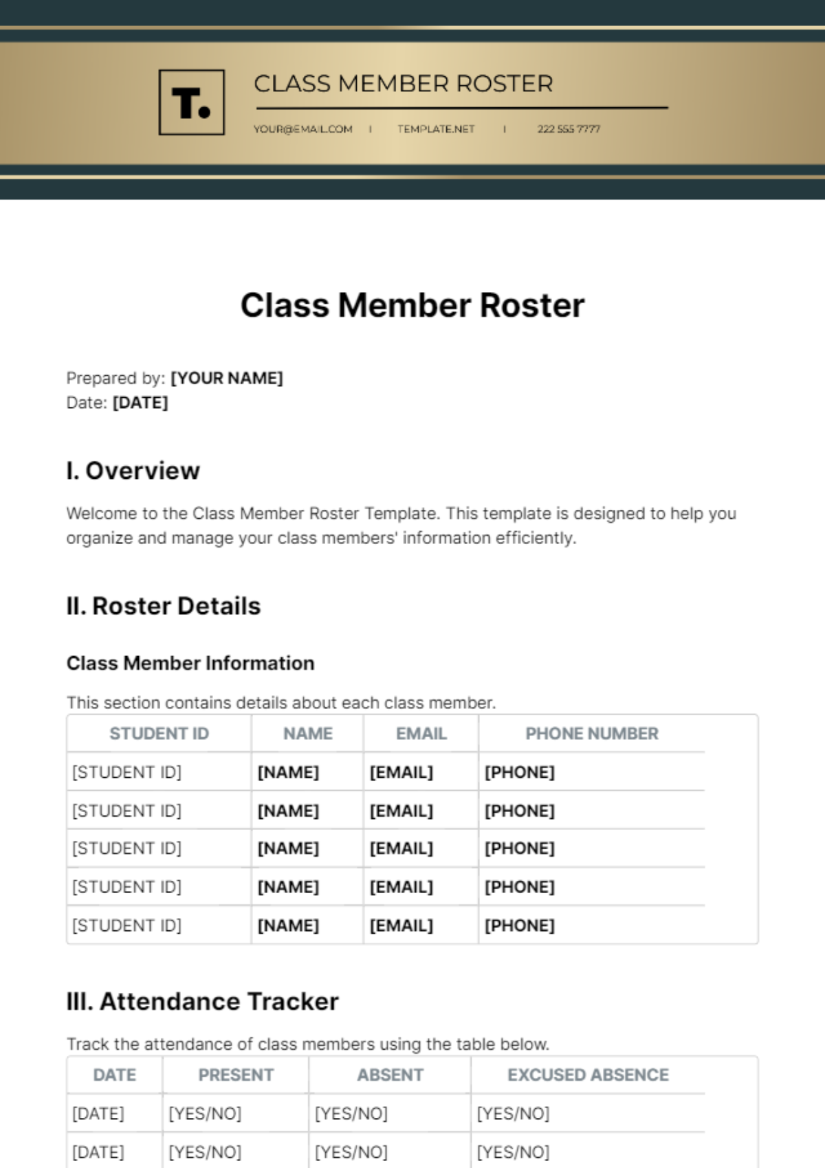 Free Class Member Roster Template
