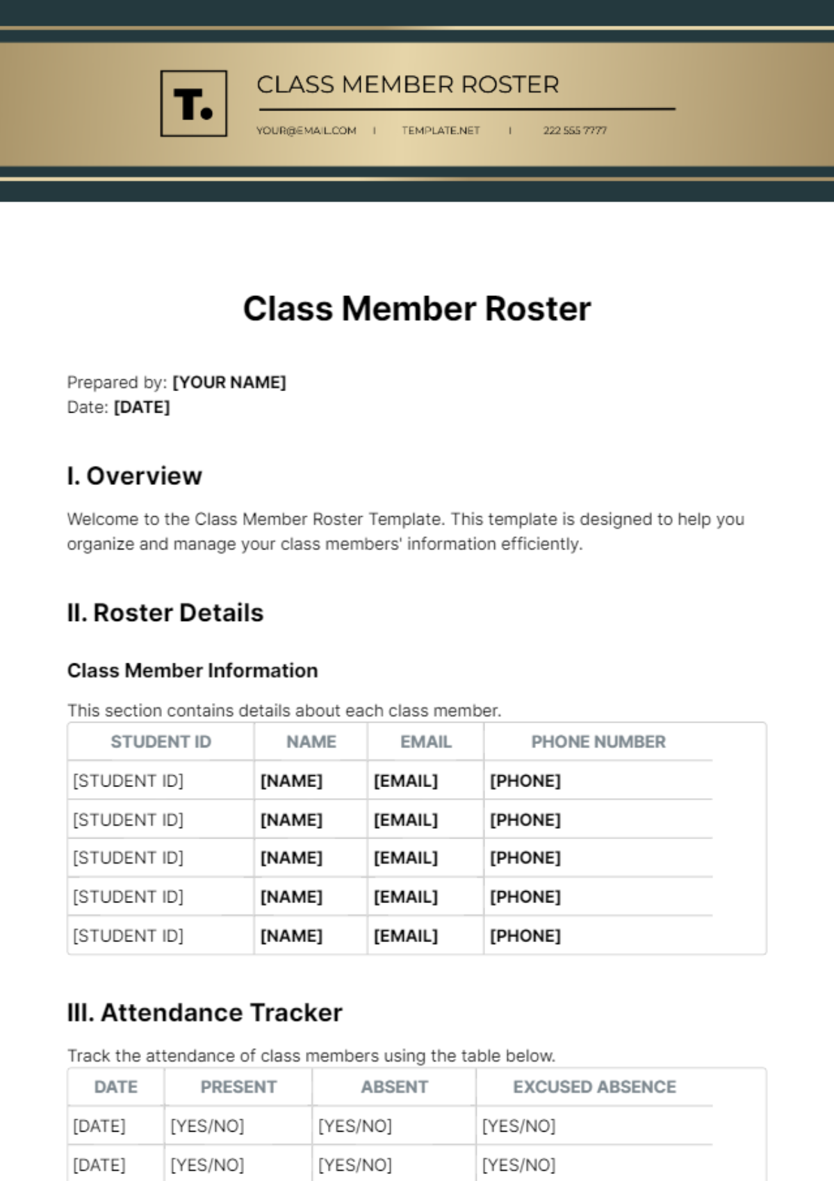 Class Member Roster Template