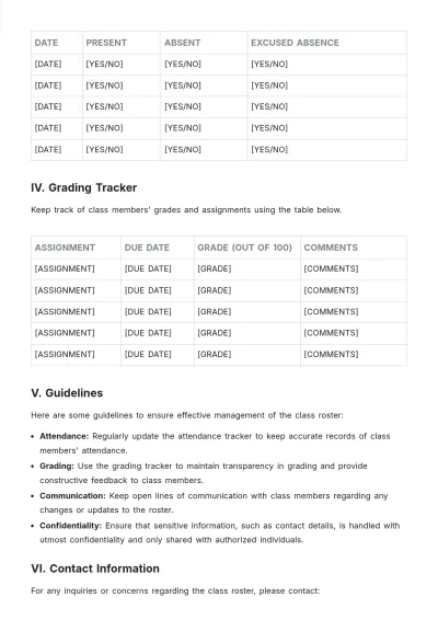 Free Class Member Roster Template to Edit Online