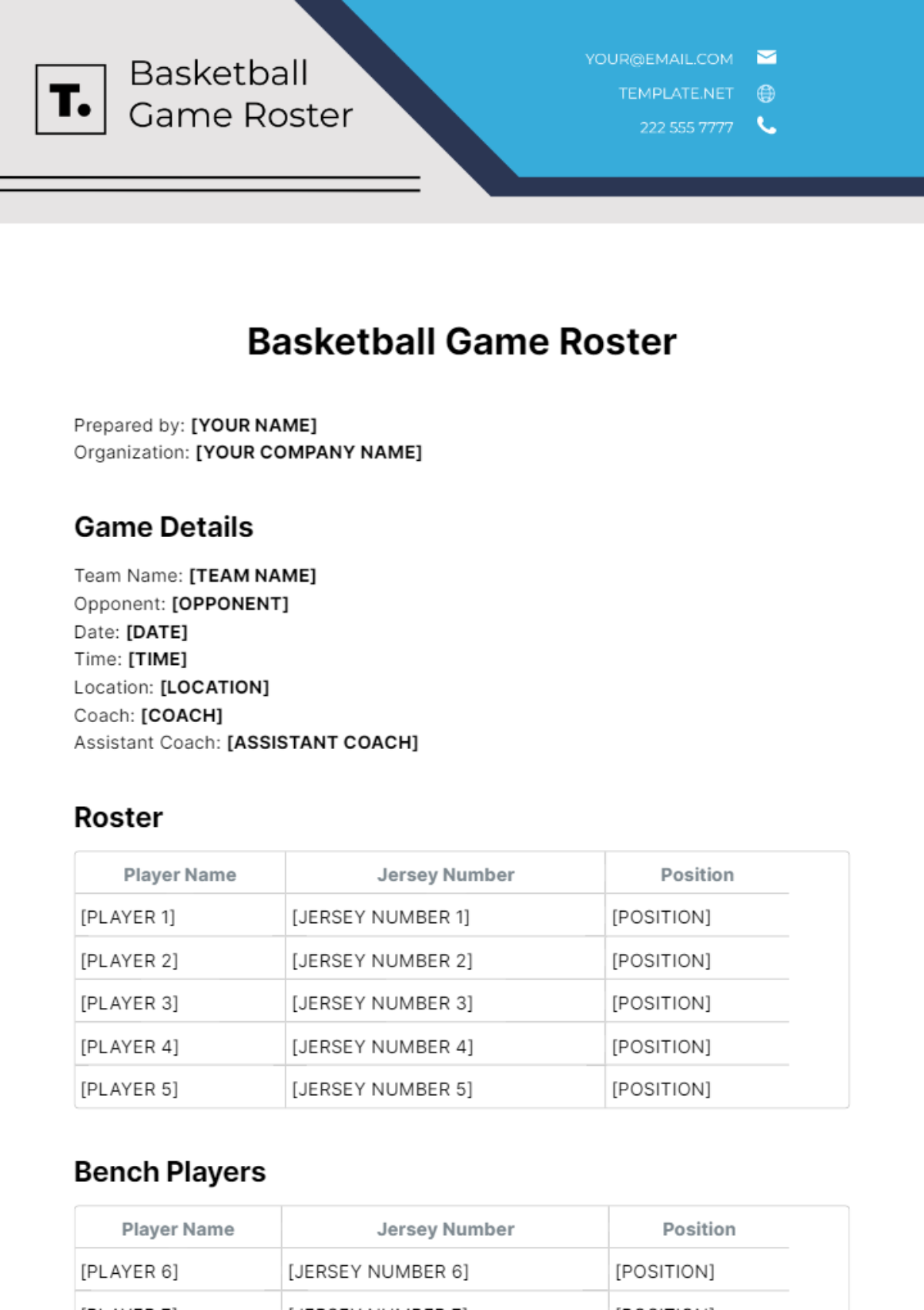 Basketball Game Roster Template