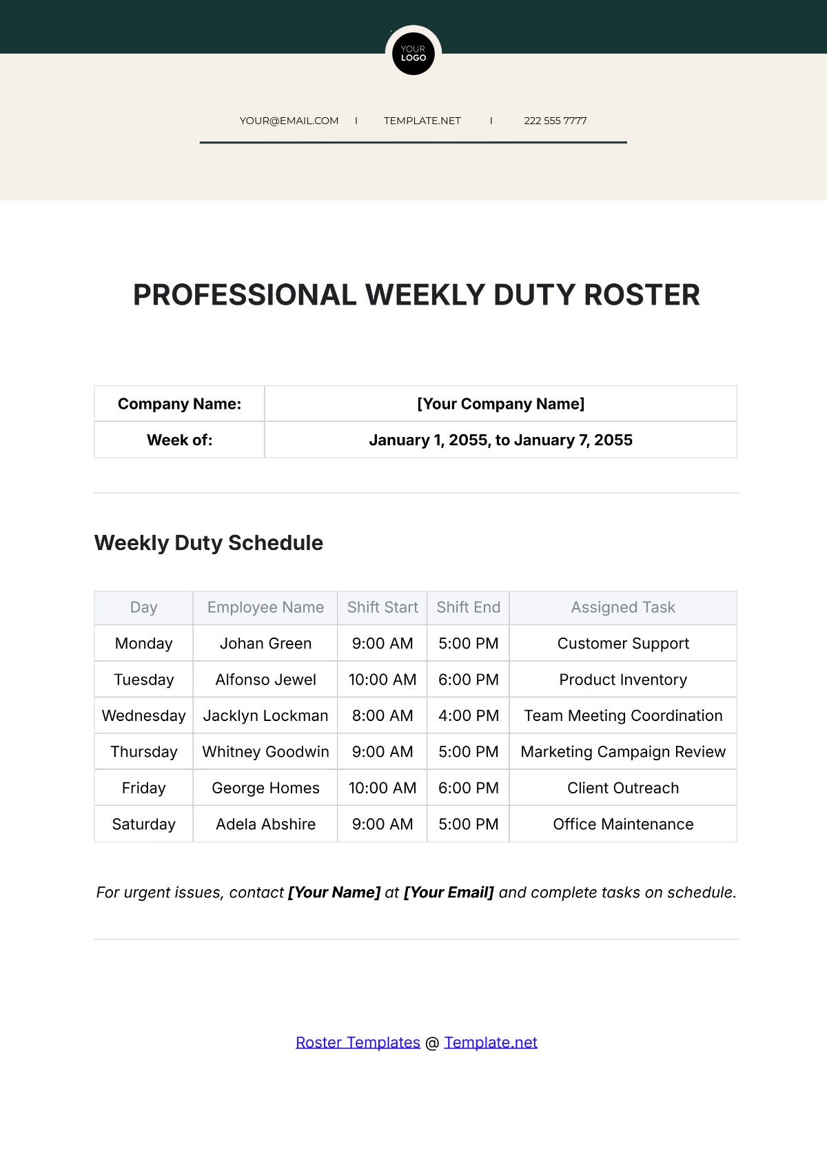 Professional Weekly Duty Roster Template - Edit Online & Download