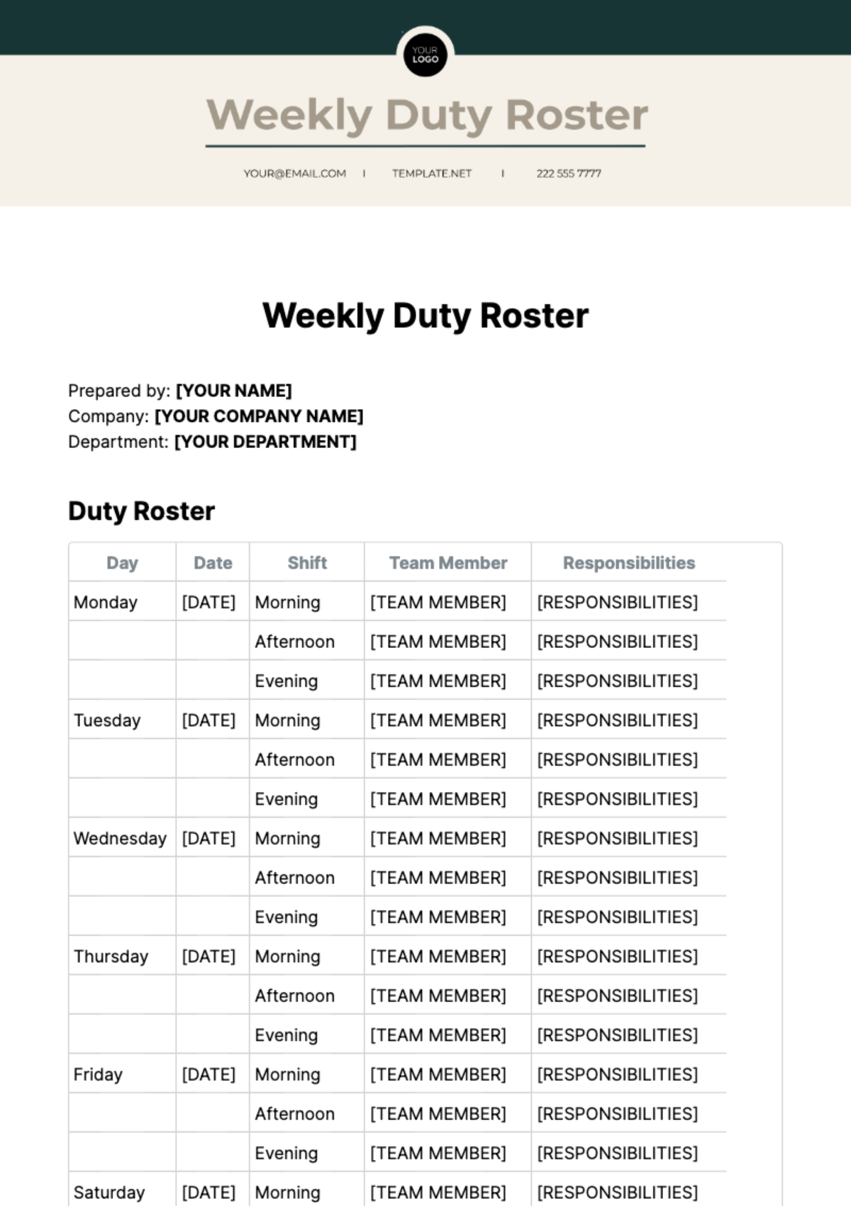 Free Weekly Duty Roster Template