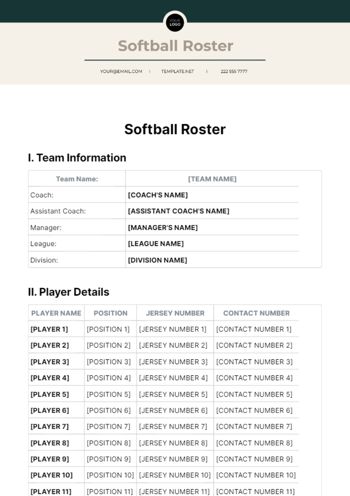 Free Softball Roster Template