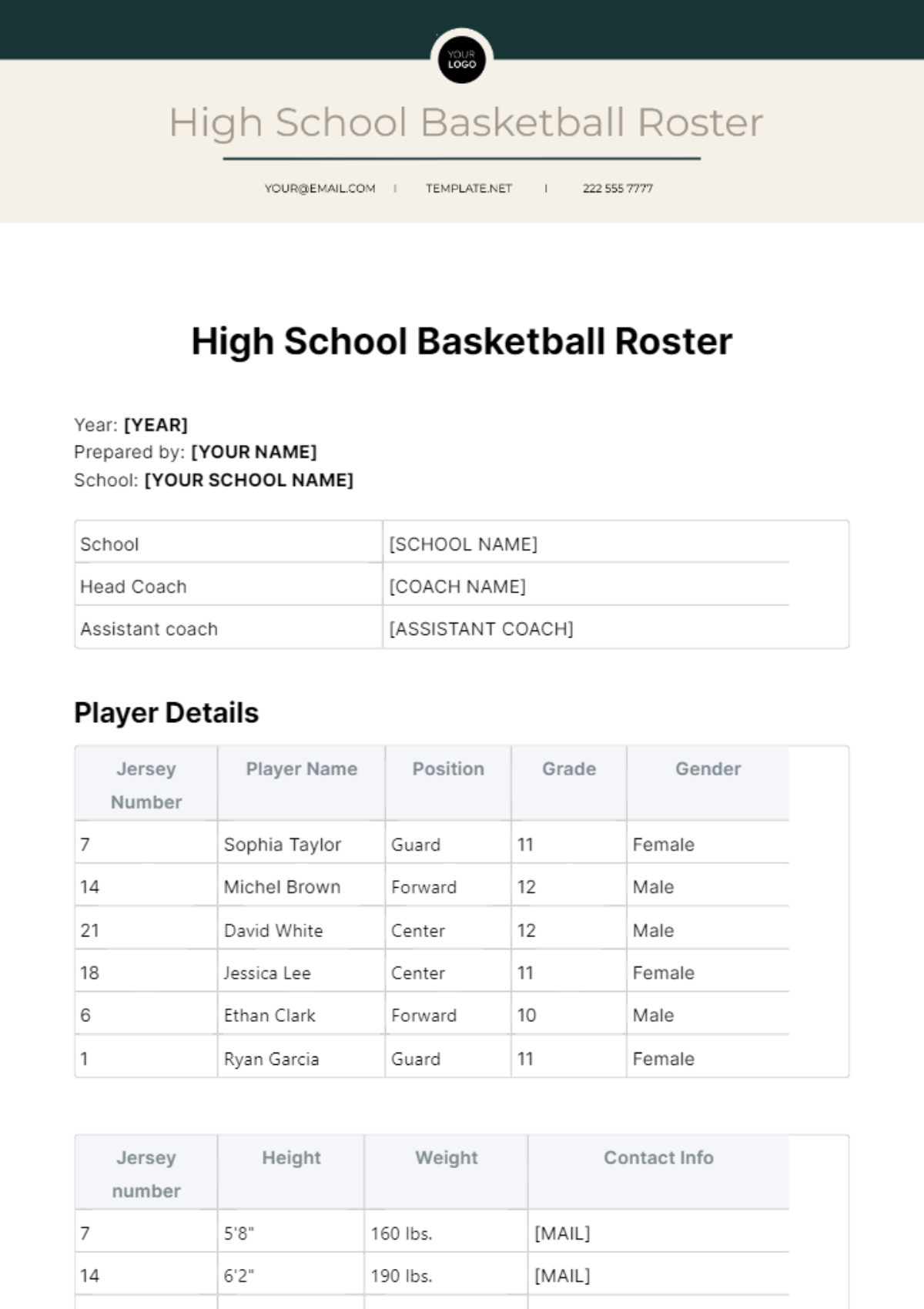 High School Basketball Roster Template