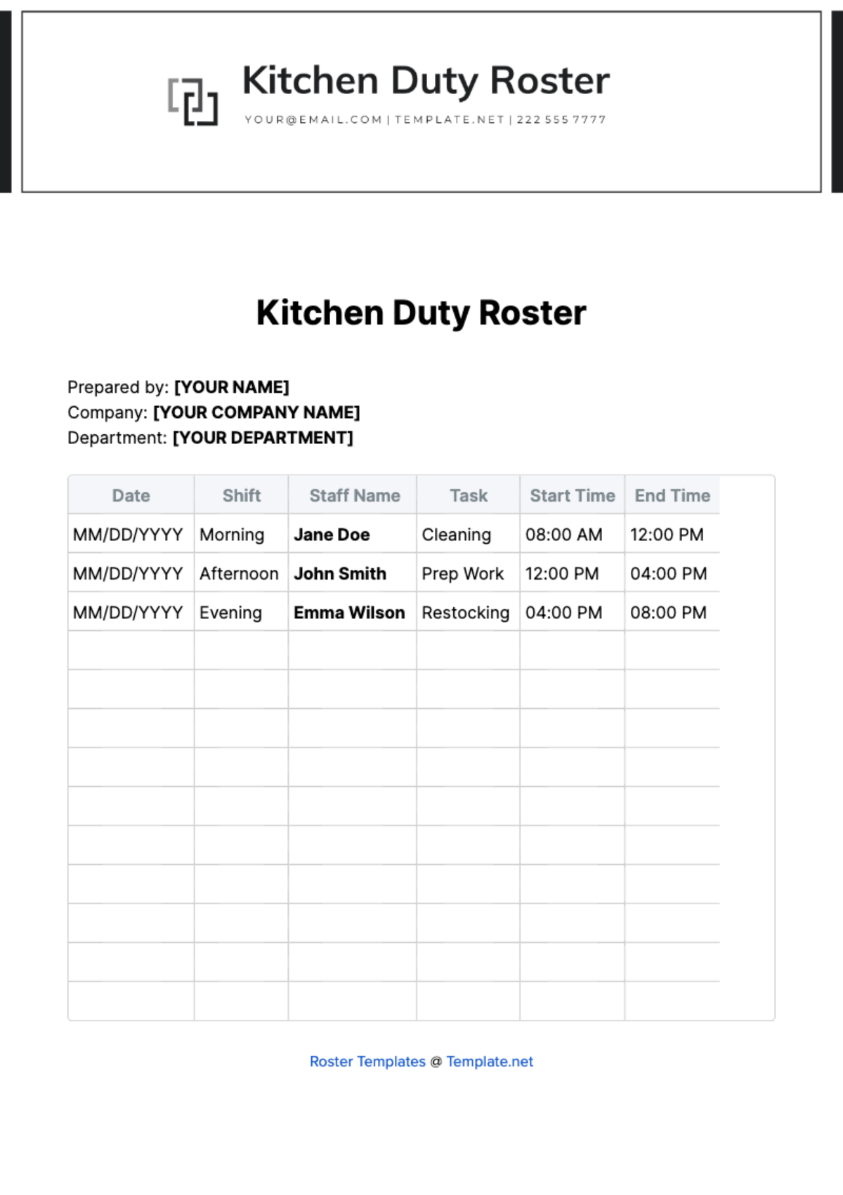 Free Kitchen Duty Roster Template