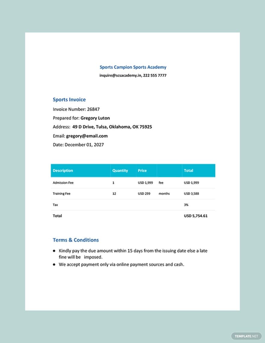 Free Sports Invoice template