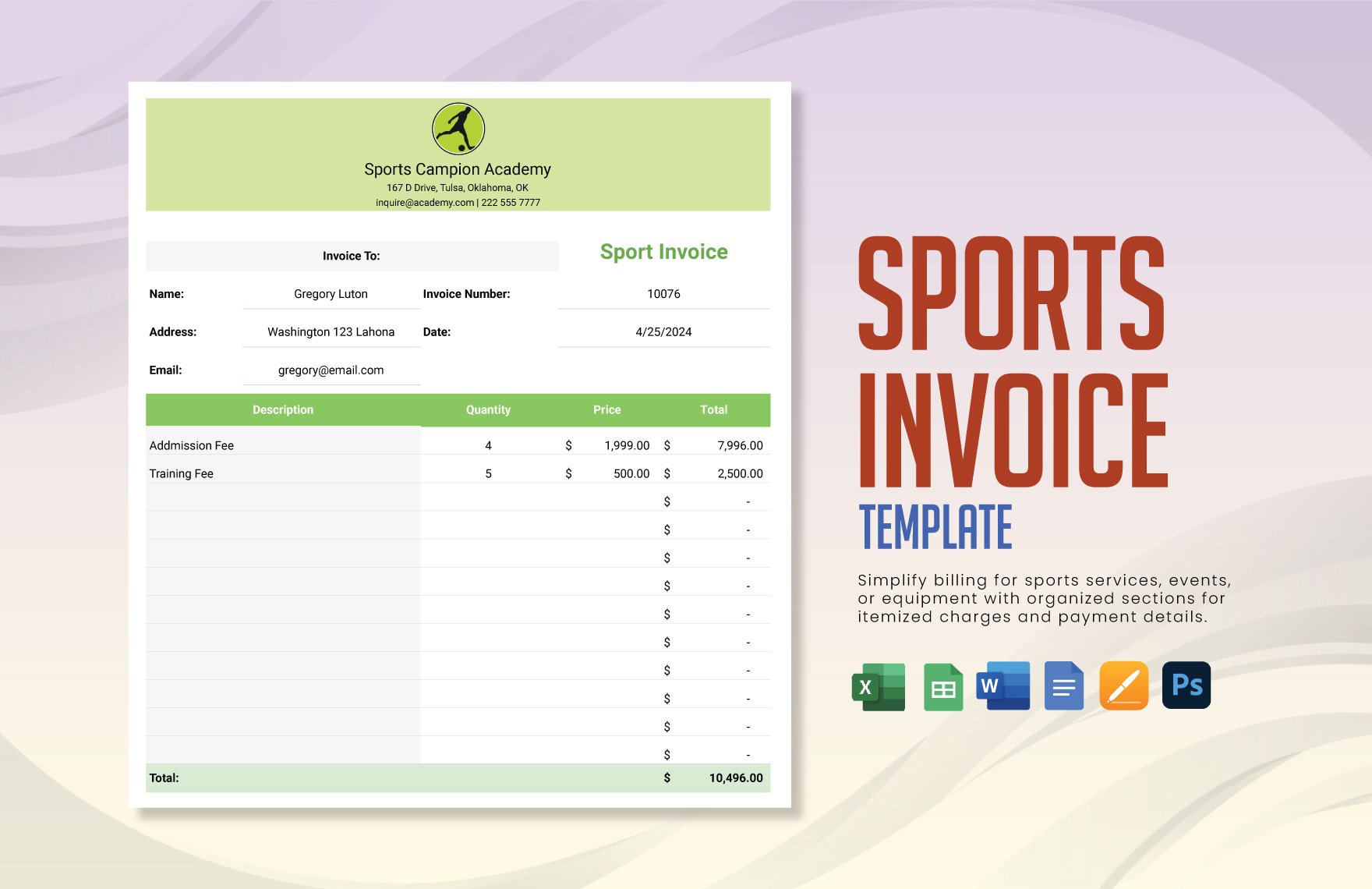 Sports Invoice template in Word, Google Docs, Excel, Google Sheets, PSD, Apple Pages