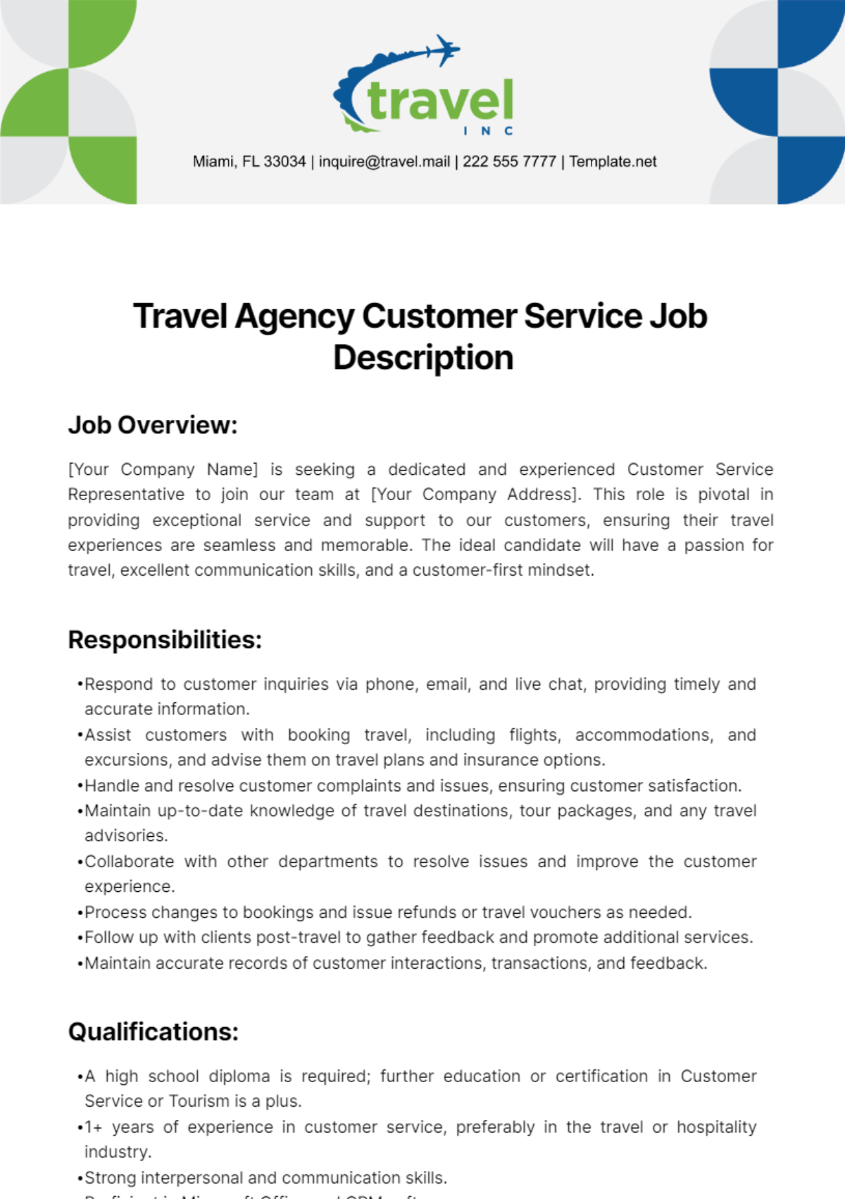 Free Travel Agency Customer Service Job Description Template