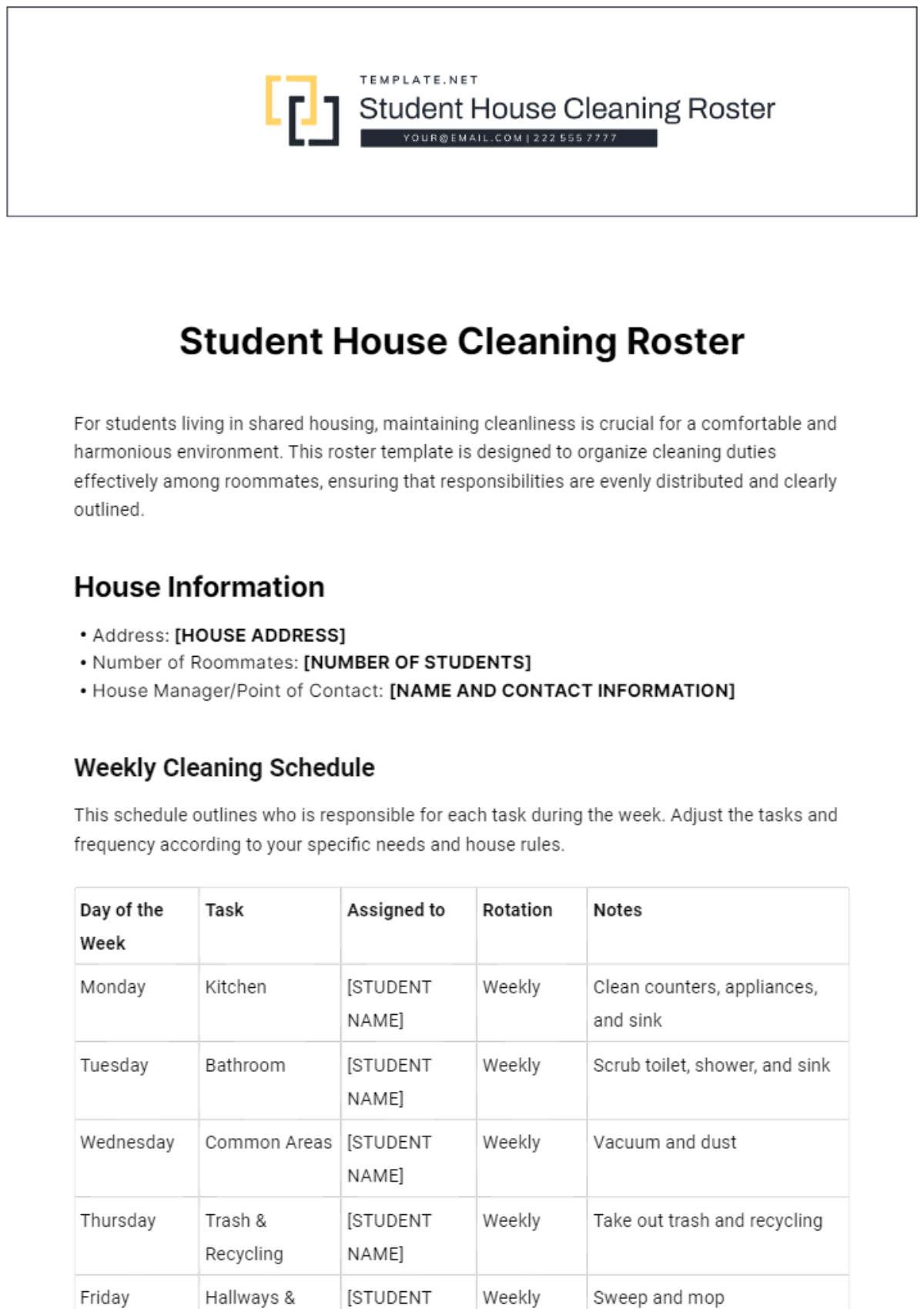 Student House Cleaning Roster Template