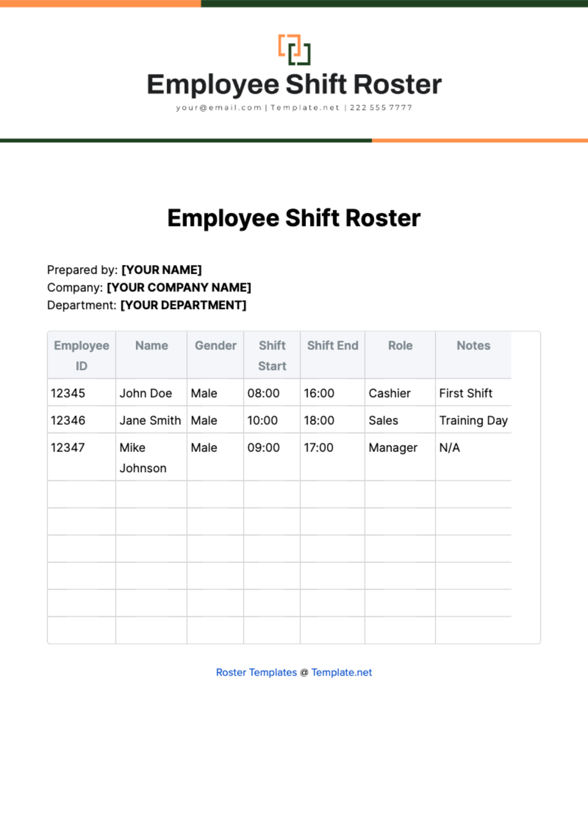 Free Employee Shift Roster Template