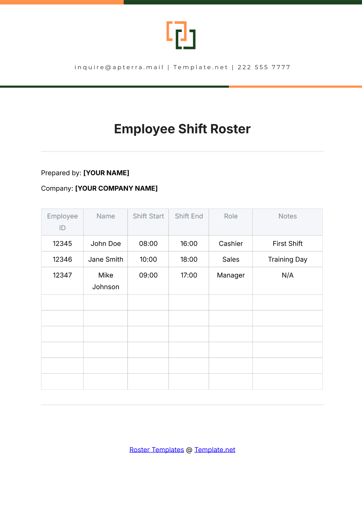 Employee Shift Roster Template - Edit Online & Download