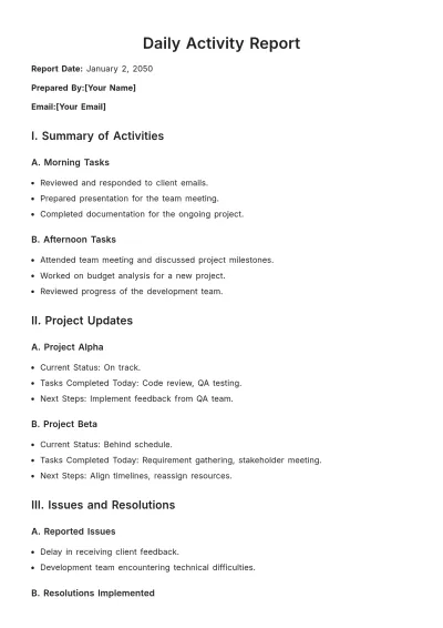 Free Daily Activity Report Template to Edit Online