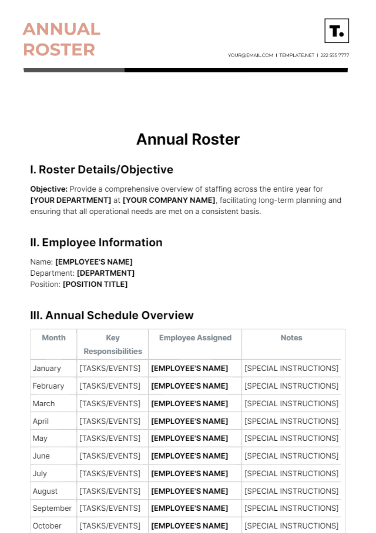 Free Annual Roster Template