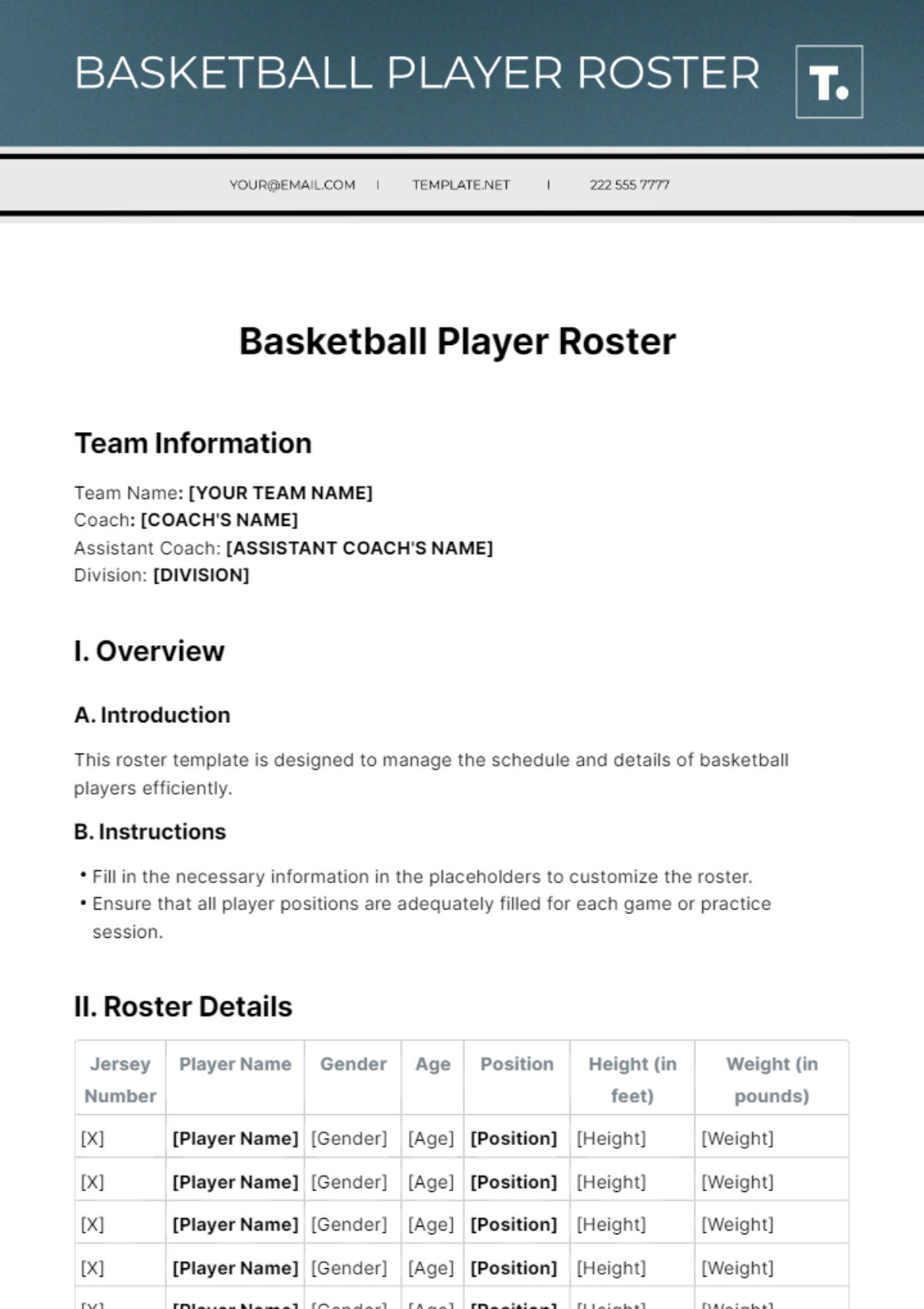 Basketball Player Roster Template