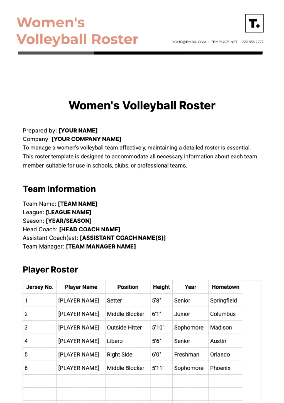 Women's Volleyball Roster Template