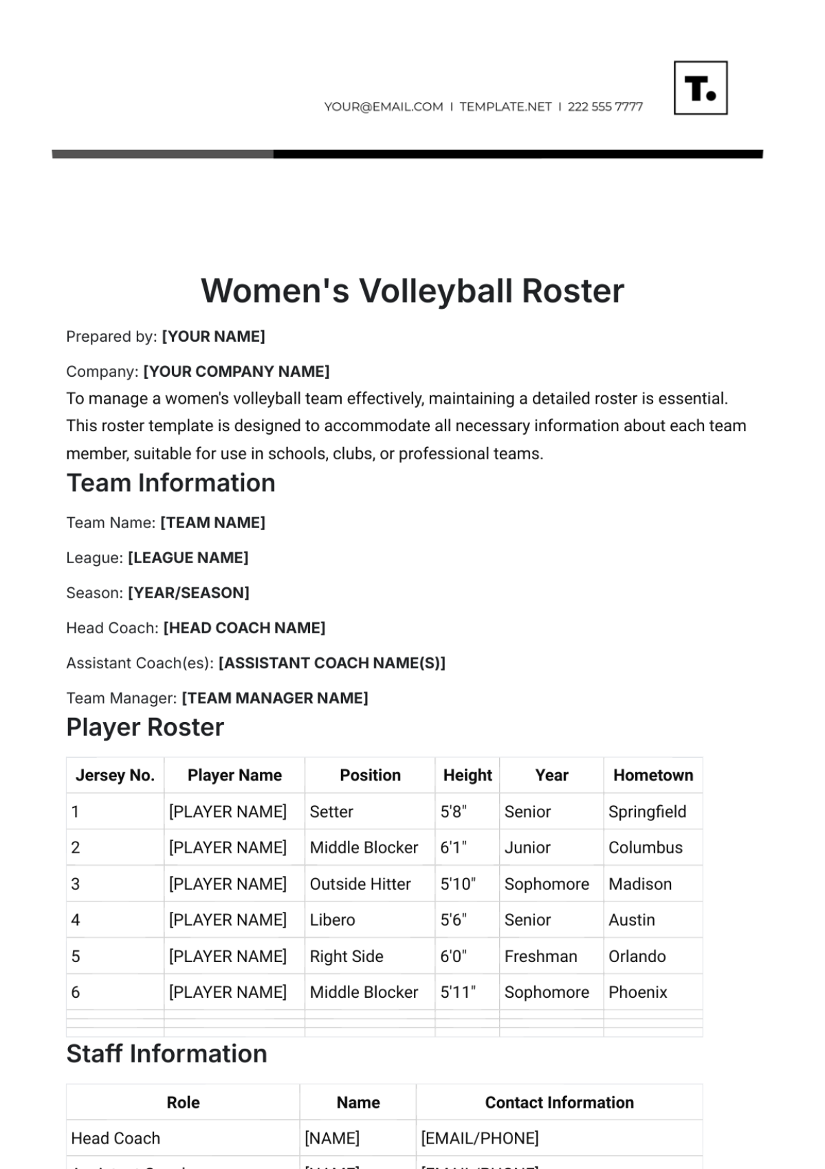 Women's Volleyball Roster Template