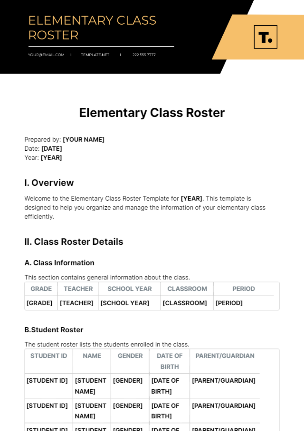 Free Elementary Class Roster Template