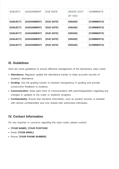 Free Elementary Class Roster Template to Edit Online