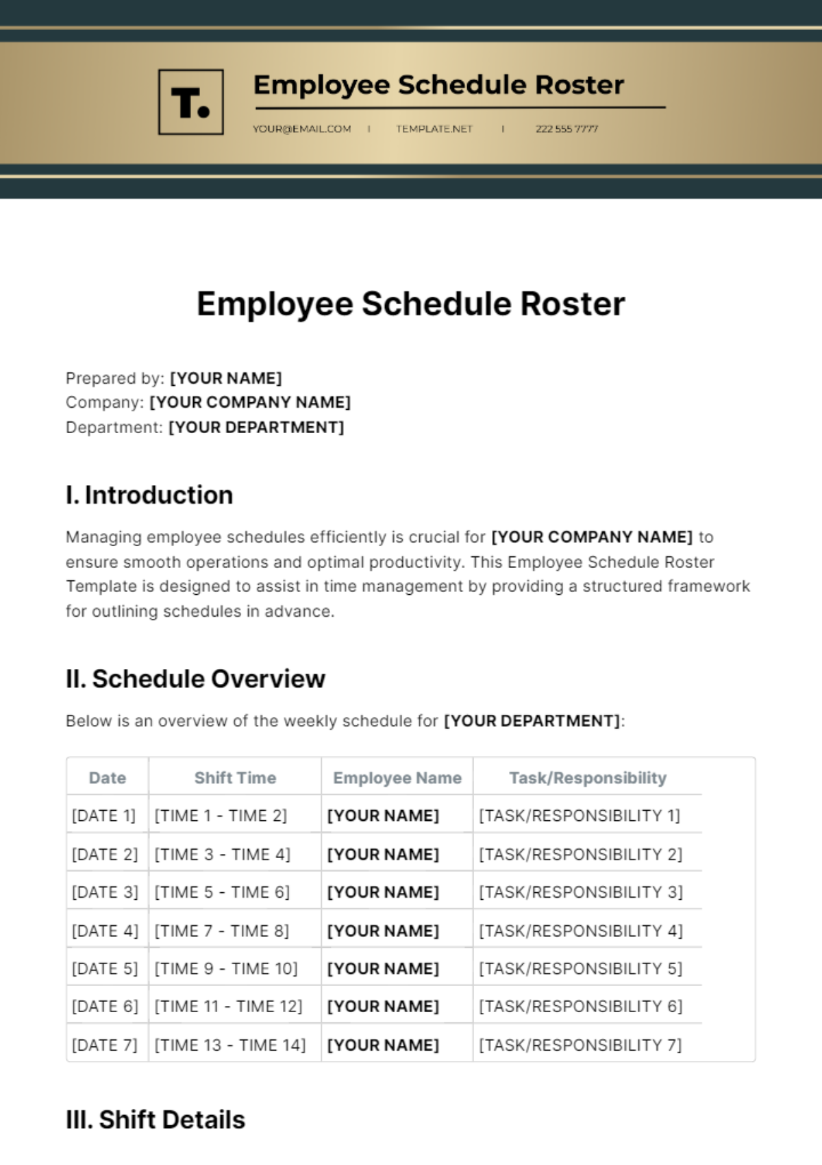 Free Employee Schedule Roster Template