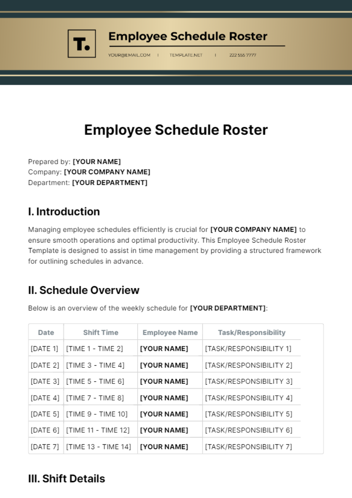 Employee Schedule Roster Template