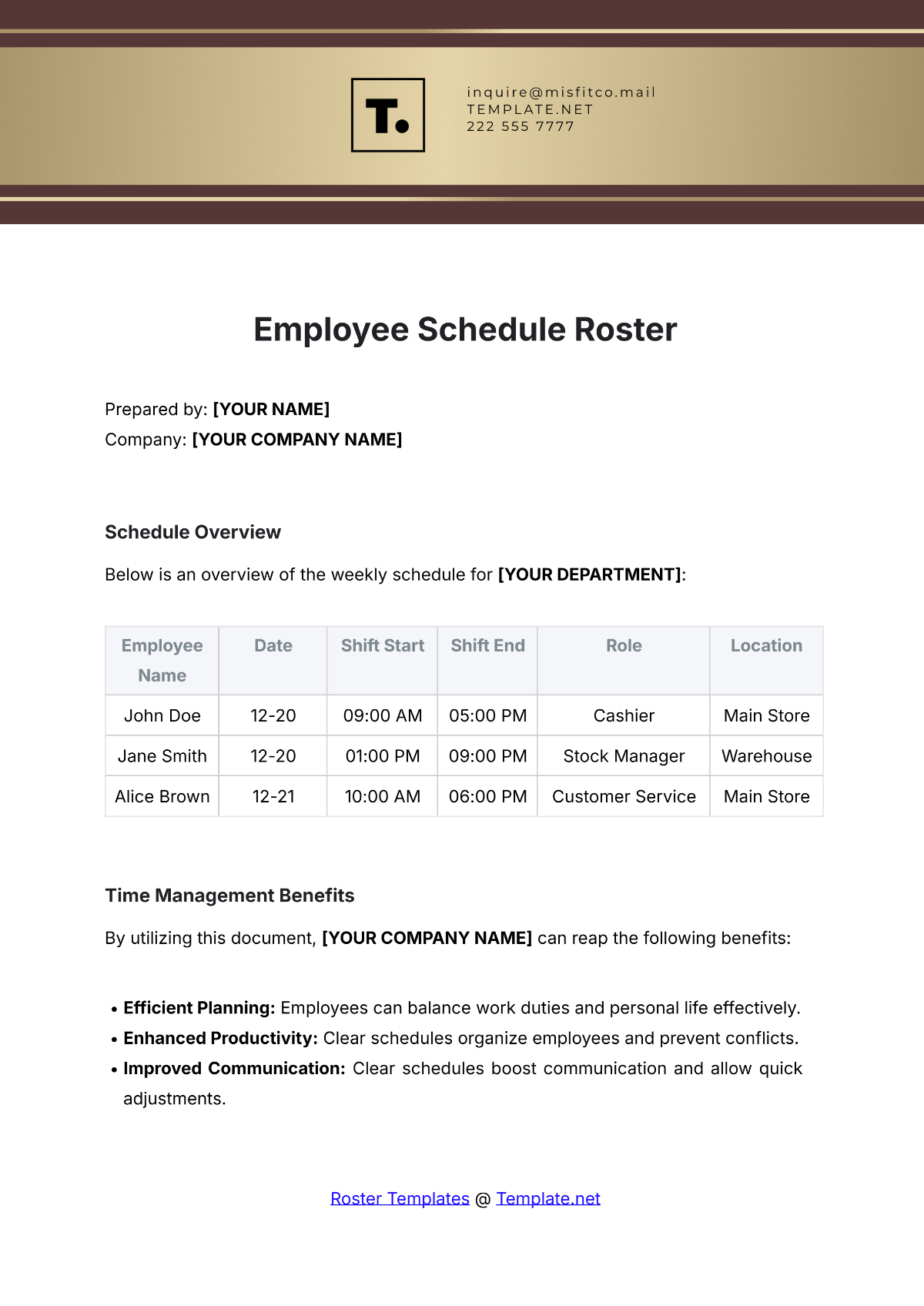 Employee Schedule Roster Template - Edit Online & Download