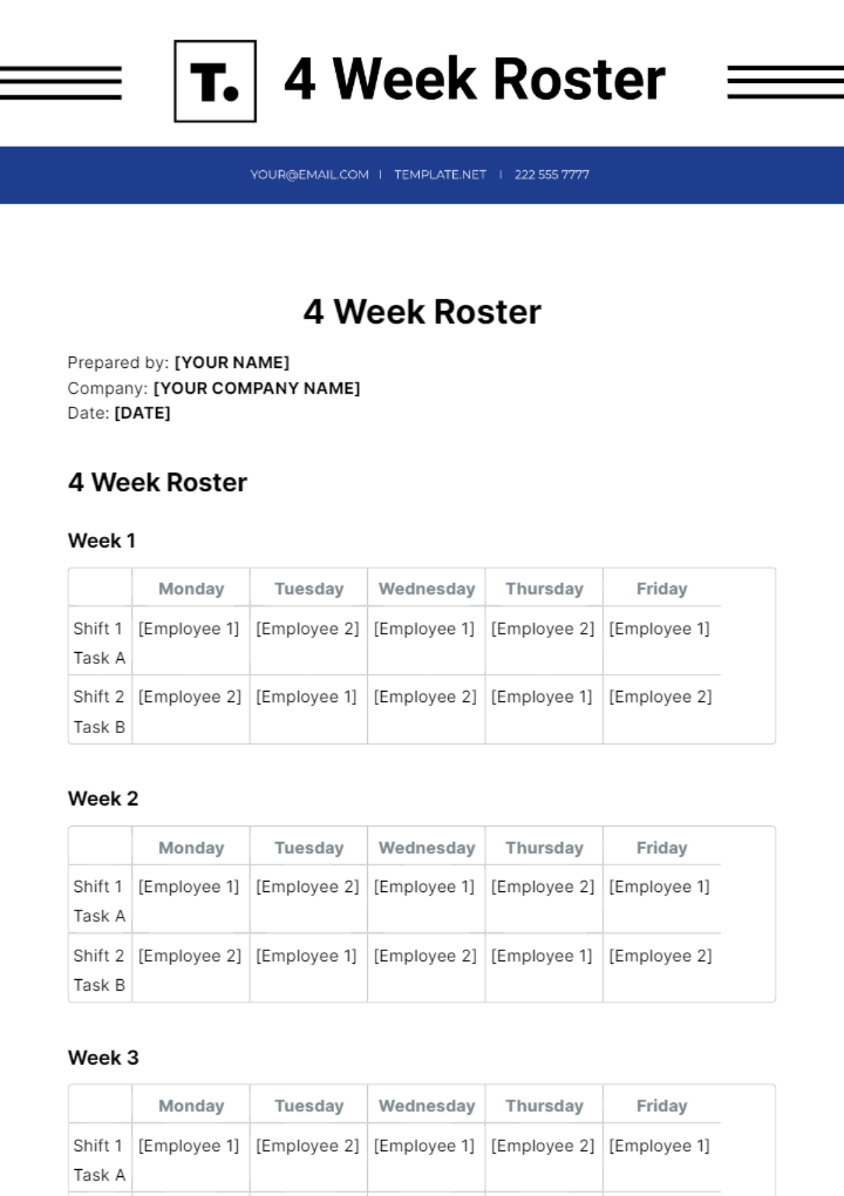 Free 4 Week Roster Template