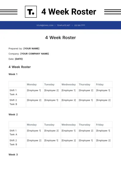 Free 4 Week Roster Template to Edit Online