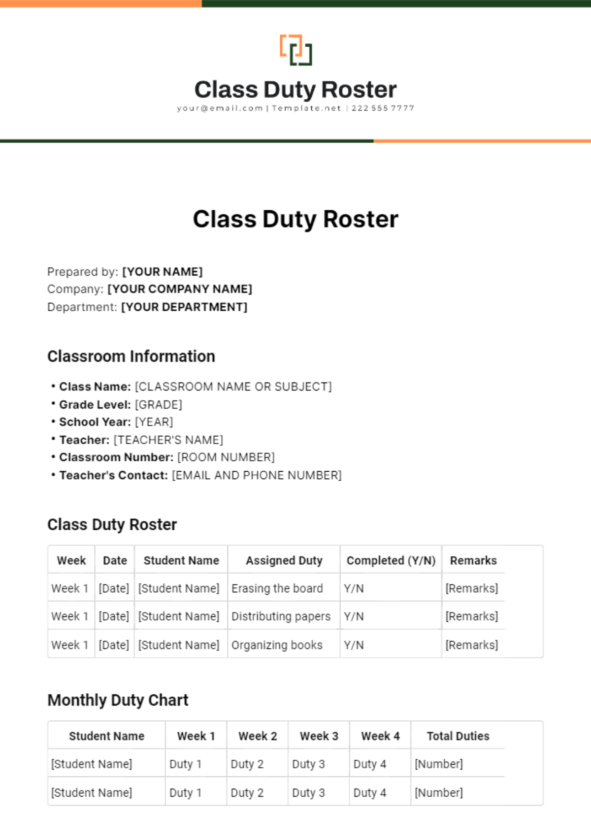 Free Class Duty Roster Template
