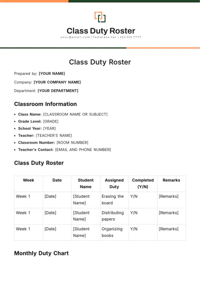 Free Class Duty Roster Template to Edit Online